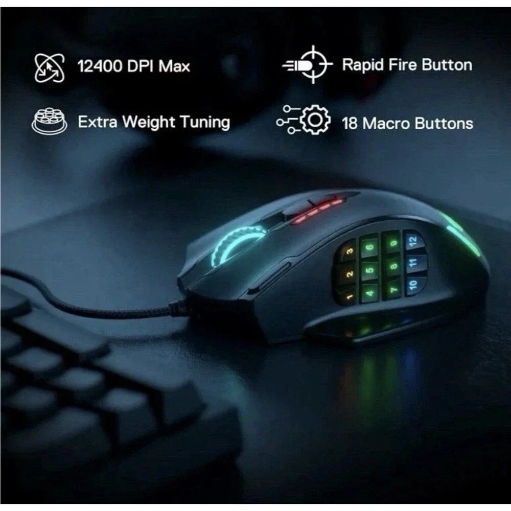 Redragon M908 Impact RGB LED MMO Gaming Mouse with 12 Side Buttons, Optical Wire